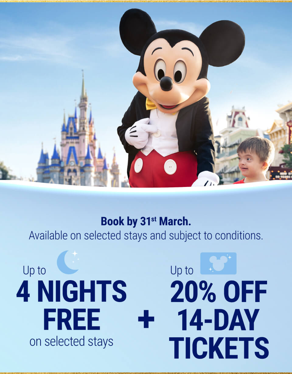 Book by 31st March. Available on selected stays and subject to conditions. Up to 4 nights free on selected stays plus up to 20% off 14-day tickets